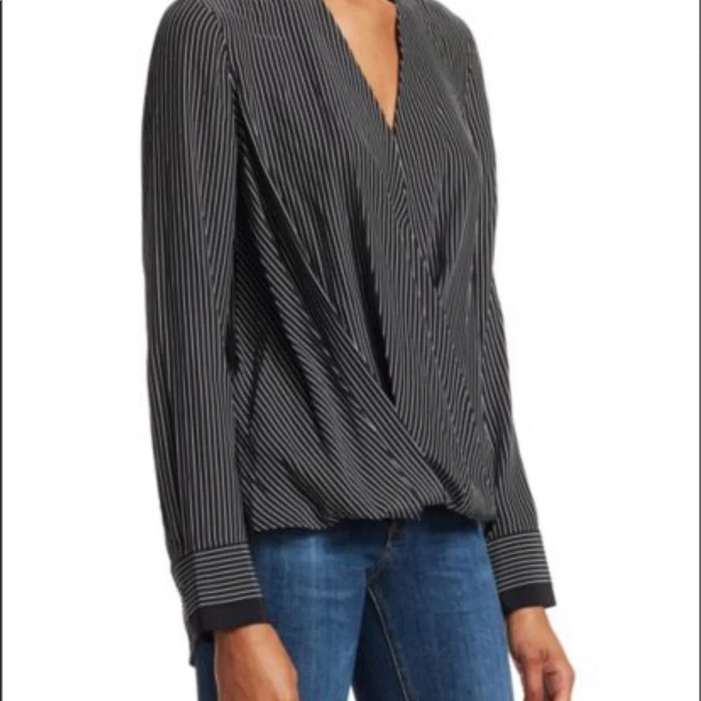 ⭐️ rag & bone - Victor Silk Wrap Blouse in Black w/ White Pinstripes - XXS/TTP - Picture 5 of 12
